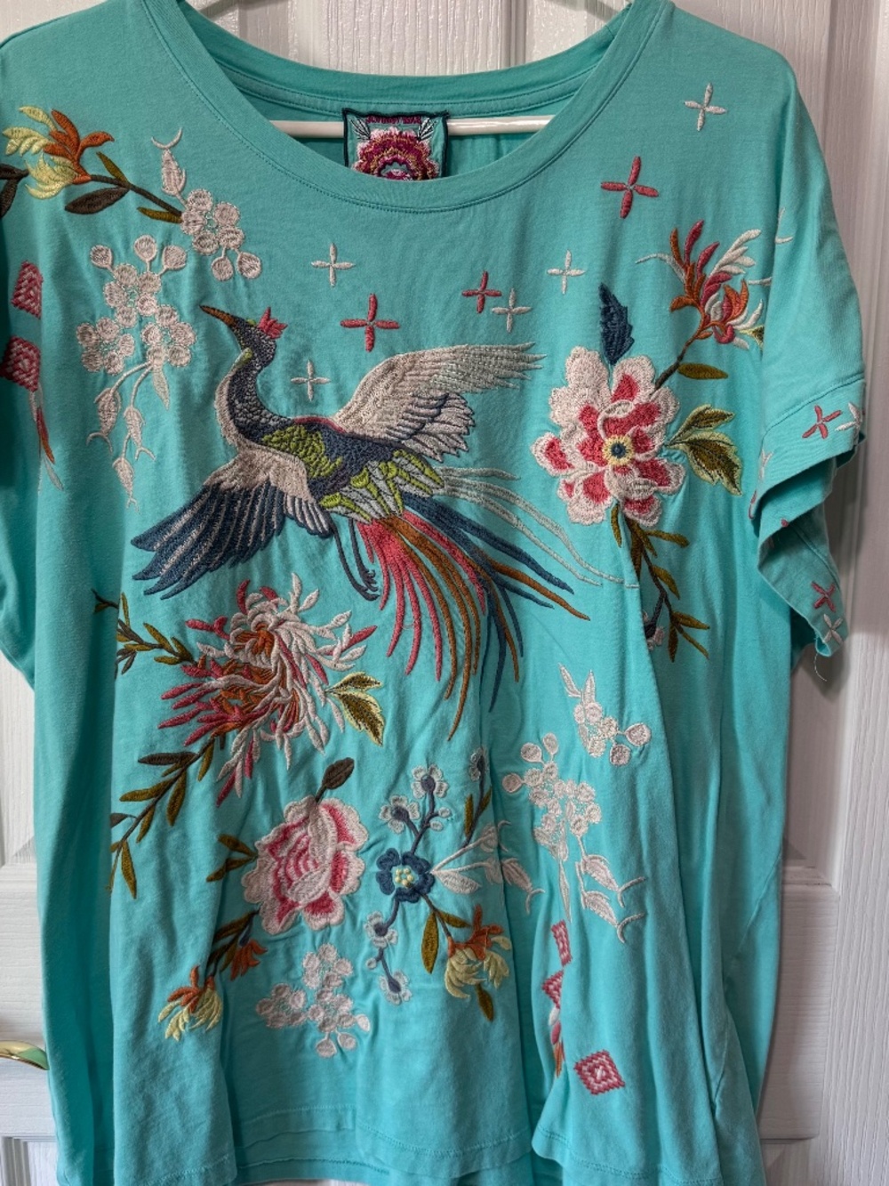 Johnny Was Embroidered Short Sleeved T-Shirt, Aqua, Size 1X